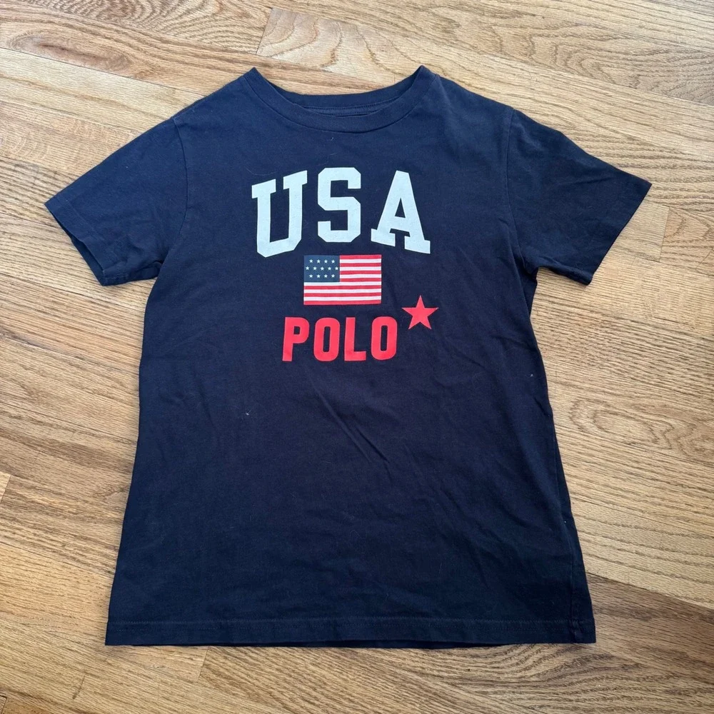 Polo Ralph Lauren Kids USA Flag T-Shirt Navy Blue‎ Cotton Size 7